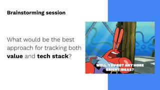 Brainstorming session
What would be the best
approach for tracking both
value and tech stack?
 