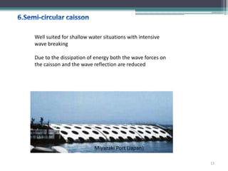 Well suited for shallow water situations with intensive
wave breaking
Due to the dissipation of energy both the wave forces on
the caisson and the wave reflection are reduced
Miyazaki Port (Japan)
13
 