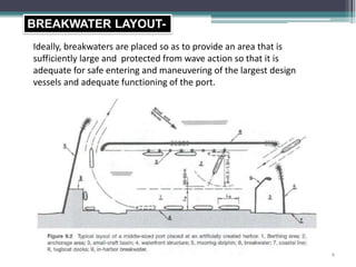 BREAKWATER LAYOUT-
Ideally, breakwaters are placed so as to provide an area that is
sufficiently large and protected from wave action so that it is
adequate for safe entering and maneuvering of the largest design
vessels and adequate functioning of the port.
4
 