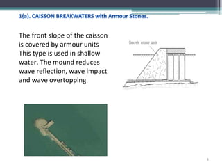The front slope of the caisson
is covered by armour units
This type is used in shallow
water. The mound reduces
wave reflection, wave impact
and wave overtopping
Gela (Sicily, Italy)
8
 