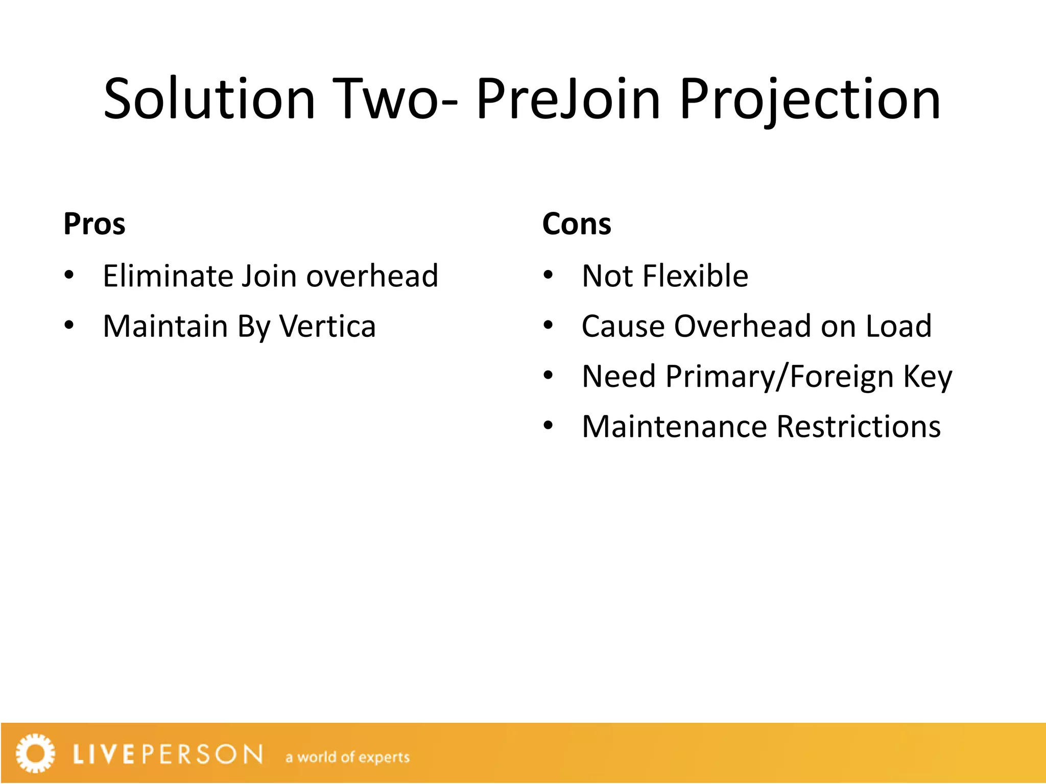 Solution Two- PreJoin Projection
Pros                        Cons
• Eliminate Join overhead   • Not Flexible
• Maintain By Vertica       • Cause Overhead on Load
                            • Need Primary/Foreign Key
                            • Maintenance Restrictions
 