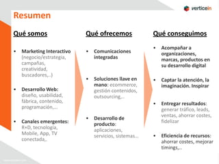 Resumen
Qué somos                   Qué ofrecemos              Qué conseguimos
                                                       •   Acompañar a
•   Marketing Interactivo   •   Comunicaciones             organizaciones,
    (negocio/estrategia,        integradas                 marcas, productos en
    campañas,                                              su desarrollo digital
    creatividad,
    buscadores,..)
                            •   Soluciones llave en    •   Captar la atención, la
                                mano: ecommerce,           imaginación. Inspirar
•   Desarrollo Web:             gestión contenidos,
    diseño, usabilidad,         outsourcing,..
    fábrica, contenido,                                •   Entregar resultados:
    programación,…                                         generar tráfico, leads,
                                                           ventas, ahorrar costes,
                            •   Desarrollo de
•   Canales emergentes:                                    fidelizar
                                producto:
    R+D, tecnología,            aplicaciones,
    Mobile, App, TV             servicios, sistemas…   •   Eficiencia de recursos:
    conectada,.                                            ahorrar costes, mejorar
                                                           timings,..
 