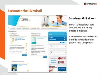 Laboratorios Almirall
                        SolucionesAlmirall.com

                        Portal transaccional para
                        acciones de marketing
                        directo a médicos.

                        Alimentación automática del
                        CRM de temas de interés
                        (según línea terapéutica)
 