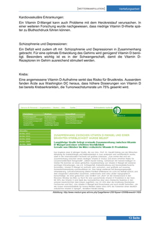 [WETTERMANIPULATION]

Vertiefungsarbeit

Kardiovaskuläre Erkrankungen:
Ein Vitamin D-Mangel kann auch Probleme mit dem Herzkreislauf verursachen. In
einer weiteren Forschung wurde nachgewiesen, dass niedrige Vitamin D-Werte später zu Bluthochdruck führen können.

Schizophrenie und Depressionen:
Ein Defizit wird zudem oft mit Schizophrenie und Depressionen in Zusammenhang
gebracht. Für eine optimale Entwicklung des Gehirns wird genügend Vitamin D benötigt. Besonders wichtig ist es in der Schwangerschaft, damit die Vitamin DRezeptoren im Gehirn ausreichend stimuliert werden.

Krebs:
Eine angemessene Vitamin D-Aufnahme senkt das Risiko für Brustkrebs. Ausserdem
fanden Ärzte aus Washington DC heraus, dass höhere Dosierungen von Vitamin D
bei bereits Krebserkrankten, die Tumorwachstumsrate um 75% gesenkt wird.

Abbildung: http://www.meduni-graz.at/cms.php?pageName=2591&year=2008&newsId=1609

13 Seite

 