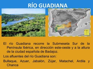 RÍO GUADIANA




El río Guadiana recorre la Submeseta Sur de la
  Península Ibérica, en dirección este-oeste y a la altura
  de la ciudad española de Badajoz.
Los afluentes del río Guadiana son:
Bullaque, Azuer, Jabalón, Zújar, Matachel, Ardila y
  Chanca
 