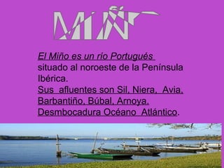 El Miño es un río Portugués
situado al noroeste de la Península
Ibérica.
Sus afluentes son Sil, Niera, Avia,
Barbantiño, Búbal, Arnoya.
Desmbocadura Océano Atlántico.
 