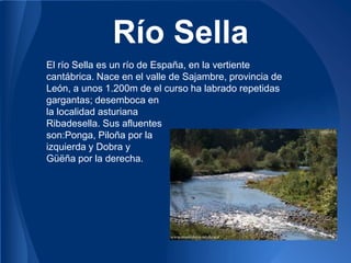 Río Sella
El río Sella es un río de España, en la vertiente
cantábrica. Nace en el valle de Sajambre, provincia de
León, a unos 1.200m de el curso ha labrado repetidas
gargantas; desemboca en
la localidad asturiana
Ribadesella. Sus afluentes
son:Ponga, Piloña por la
izquierda y Dobra y
Güëña por la derecha.
 