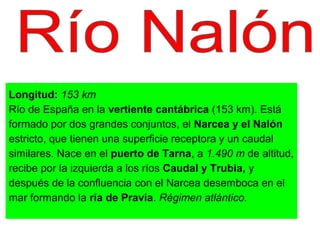 Longitud: 153 km
Río de España en la vertiente cantábrica (153 km). Está
formado por dos grandes conjuntos, el Narcea y el Nalón
estricto, que tienen una superficie receptora y un caudal
similares. Nace en el puerto de Tarna, a 1.490 m de altitud,
recibe por la izquierda a los ríos Caudal y Trubia, y
después de la confluencia con el Narcea desemboca en el
mar formando la ría de Pravia. Régimen atlántico.
 