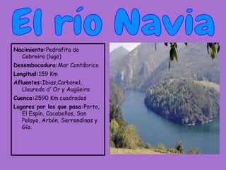 Nacimiento:Pedrafita do
  Cebreiro (lugo)
Desembocadura:Mar Cantábrico
Longitud:159 Km
Afluentes:Ibias,Carbonel,
   Llouredo d´Or y Augüeira
Cuenca:2590 Km cuadrados
Lugares por los que pasa:Porto,
   El Espín, Cacabellos, San
   Pelayo, Arbón, Serrandinas y
   Gío.
 