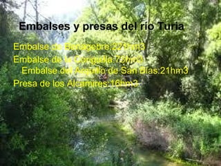 Embalses y presas del río Turia
Embalse de Benagebre:221hm3
Embalse de la Coriguilla:73hm3
  Embalse del Arquillo de San Blas:21hm3
Presa de los Alcamires:16hm3
 