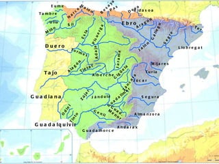 Ebro Aragón Gállego Segre Jalón Ter Llobregat Mijares Turia Júcar Segura Almanzora Andarax Guadalhorce Duero Esla Pisuerga Adaja Tormes Tajo Jarama Alberche Tiétar Alagón Guadiana Záncara Gigüela Zújar Guadalquivir Guadalimar Jándula Guad.  Menor Genil Tinto Odiel Miño Sil Eume Tambre Ulla Bidasoa Deva Nervión Pas Besaya Sella Nalón Narcea 
