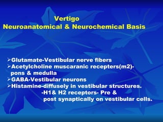 Vertigo Neuroanatomical & Neurochemical Basis <ul><li>Glutamate-Vestibular nerve fibers </li></ul><ul><li>Acetylcholine mu...