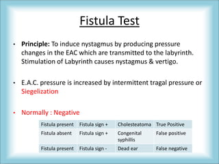 Fistula Test
• Principle: To induce nystagmus by producing pressure
changes in the EAC which are transmitted to the labyrinth.
Stimulation of Labyrinth causes nystagmus & vertigo.
• E.A.C. pressure is increased by intermittent tragal pressure or
Siegelization
• Normally : Negative
Fistula present Fistula sign + Cholesteatoma True Positive
Fistula absent Fistula sign + Congenital
syphillis
False positive
Fistula present Fistula sign - Dead ear False negative
 