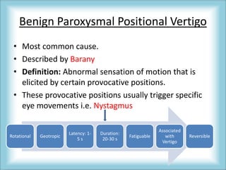 Benign Paroxysmal Positional Vertigo
• Most common cause.
• Described by Barany
• Definition: Abnormal sensation of motion that is
elicited by certain provocative positions.
• These provocative positions usually trigger specific
eye movements i.e. Nystagmus
Rotational Geotropic
Latency: 1-
5 s
Duration:
20-30 s
Fatiguable
Associated
with
Vertigo
Reversible
 