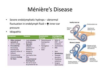 Ménière’s Disease
• Severe endolymphatic hydrops – abnormal
fluctuation in endolymph fluid =  inner ear
pressure
• Idiopathic
 