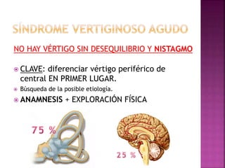  CLAVE: diferenciar vértigo periférico de
central EN PRIMER LUGAR.
 Búsqueda de la posible etiología.
 ANAMNESIS + EXPLORACIÓN FÍSICA
NO HAY VÉRTIGO SIN DESEQUILIBRIO Y NISTAGMO
 