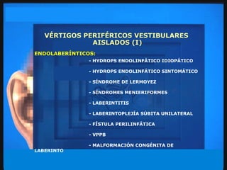 VÉRTIGOS PERIFÉRICOS VESTIBULARES AISLADOS (I) ENDOLABERÍNTICOS:   - HYDROPS ENDOLINFÁTICO IDIOPÁTICO - HYDROPS ENDOLINFÁTICO SINTOMÁTICO - SÍNDROME DE LERMOYEZ - SÍNDROMES MENIERIFORMES - LABERINTITIS - LABERINTOPLEJÍA SÚBITA UNILATERAL - FÍSTULA PERILINFÁTICA - VPPB - MALFORMACIÓN CONGÉNITA DE LABERINTO 
