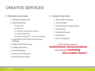 Marketing Services Strategy development Direct Marketing Acquisition Retention Customer Relationship-building Lifestyle Marketing DataDrivenDesign™ / Creative Modeling Integrated Cross-Channel Campaign Strategy Multicultural Advertising Catalog Marketing Email Marketing  Consumer Promotions Business-to-Business Creative Services Direct Mail Packages Insert Design Email Design & Optimization Copywriting Collateral Design Promotions Print Campaigns CREATIVE SERVICES “  Vertis Creative delivers multichannel communications with dedicated   marketing and creative teams.” 