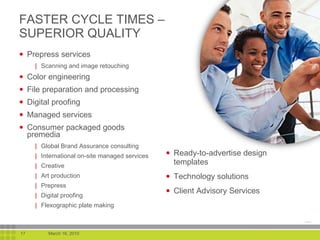 FASTER CYCLE TIMES –SUPERIOR QUALITY Prepress services Scanning and image retouching Color engineering File preparation and processing Digital proofing Managed services Consumer packaged goods premedia Global Brand Assurance consulting International on-site managed services Creative  Art production Prepress Digital proofing  Flexographic plate making Ready-to-advertise design templates Technology solutions Client Advisory Services 
