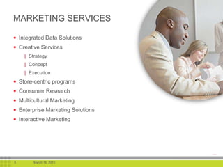 MARKETING SERVICES Integrated Data Solutions Creative Services Strategy Concept Execution Store-centric programs Consumer Research Multicultural Marketing Enterprise Marketing Solutions Interactive Marketing 