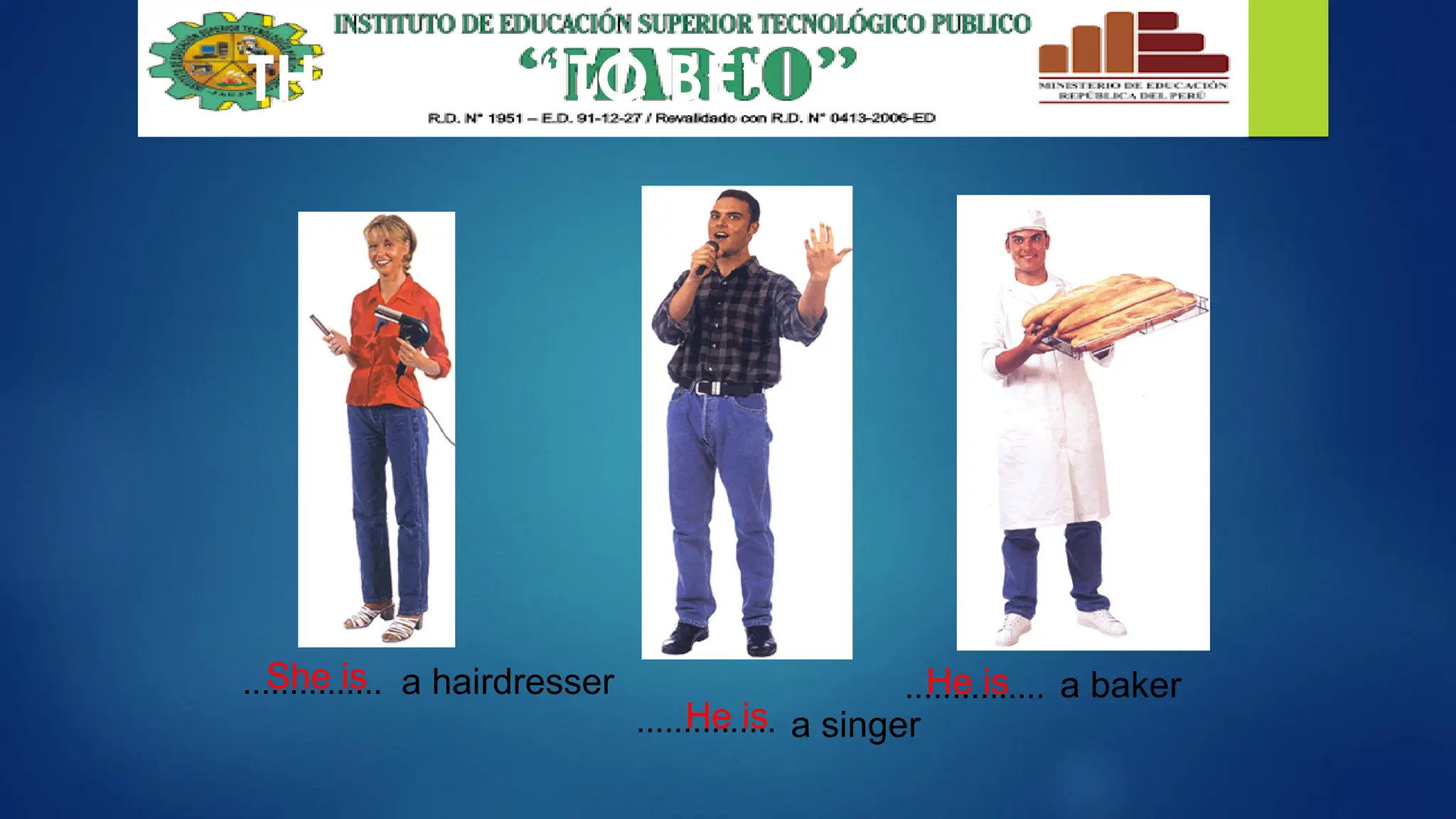 THE VERB “TO BE”
............... a hairdresser
............... a singer
............... a baker
She is
He is
He is
 