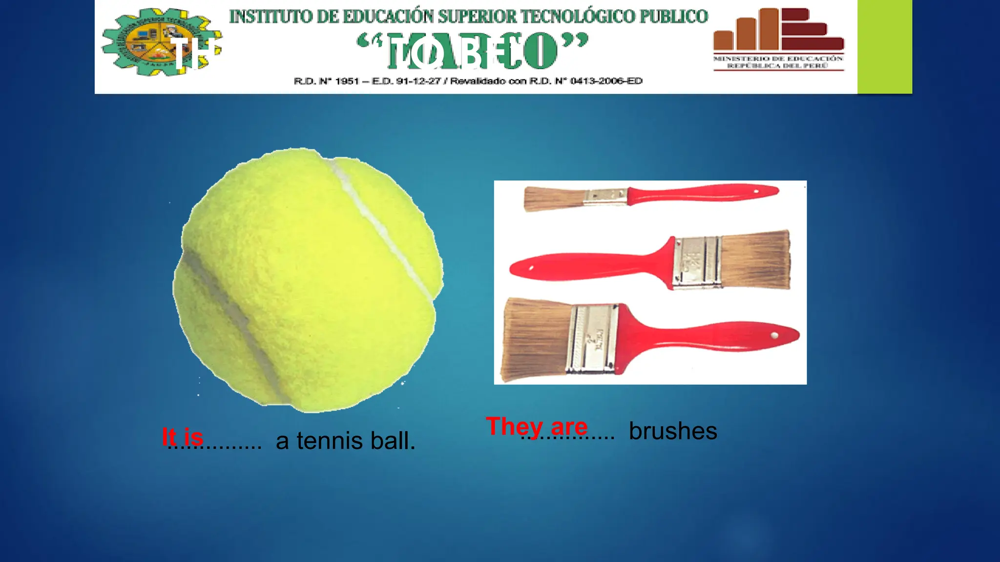 THE VERB “TO BE”
............... a tennis ball. ............... brushes
It is They are
 