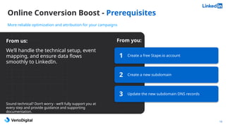 Online Conversion Boost - Prerequisites
10
More reliable optimization and attribution for your campaigns
From us:
We’ll handle the technical setup, event
mapping, and ensure data flows
smoothly to LinkedIn.
Create a free Stape.io account
Create a new subdomain
Update the new subdomain DNS records
From you:
Sound technical? Don’t worry - we’ll fully support you at
every step and provide guidance and supporting
documentation.
1
2
3
 
