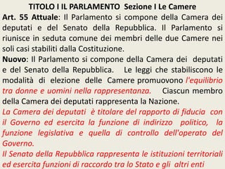TITOLO I IL PARLAMENTO Sezione I Le Camere
Art. 55 Attuale: Il Parlamento si compone della Camera dei
deputati e del Senato della Repubblica. Il Parlamento si
riunisce in seduta comune dei membri delle due Camere nei
soli casi stabiliti dalla Costituzione.
Nuovo: Il Parlamento si compone della Camera dei deputati
e del Senato della Repubblica. Le leggi che stabiliscono le
modalità di elezione delle Camere promuovono l'equilibrio
tra donne e uomini nella rappresentanza. Ciascun membro
della Camera dei deputati rappresenta la Nazione.
La Camera dei deputati è titolare del rapporto di fiducia con
il Governo ed esercita la funzione di indirizzo politico, la
funzione legislativa e quella di controllo dell'operato del
Governo.
Il Senato della Repubblica rappresenta le istituzioni territoriali
ed esercita funzioni di raccordo tra lo Stato e gli altri enti
 