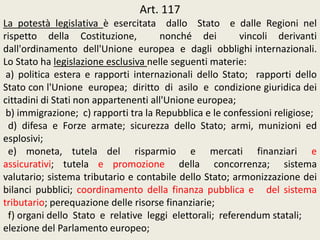 Art. 117
La potestà legislativa è esercitata dallo Stato e dalle Regioni nel
rispetto della Costituzione, nonché dei vincoli derivanti
dall'ordinamento dell'Unione europea e dagli obblighi internazionali.
Lo Stato ha legislazione esclusiva nelle seguenti materie:
a) politica estera e rapporti internazionali dello Stato; rapporti dello
Stato con l'Unione europea; diritto di asilo e condizione giuridica dei
cittadini di Stati non appartenenti all'Unione europea;
b) immigrazione; c) rapporti tra la Repubblica e le confessioni religiose;
d) difesa e Forze armate; sicurezza dello Stato; armi, munizioni ed
esplosivi;
e) moneta, tutela del risparmio e mercati finanziari e
assicurativi; tutela e promozione della concorrenza; sistema
valutario; sistema tributario e contabile dello Stato; armonizzazione dei
bilanci pubblici; coordinamento della finanza pubblica e del sistema
tributario; perequazione delle risorse finanziarie;
f) organi dello Stato e relative leggi elettorali; referendum statali;
elezione del Parlamento europeo;
 