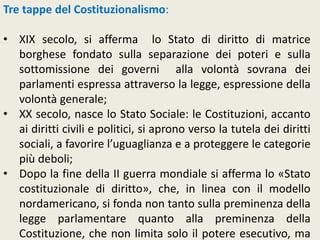 Tre tappe del Costituzionalismo:
• XIX secolo, si afferma lo Stato di diritto di matrice
borghese fondato sulla separazione dei poteri e sulla
sottomissione dei governi alla volontà sovrana dei
parlamenti espressa attraverso la legge, espressione della
volontà generale;
• XX secolo, nasce lo Stato Sociale: le Costituzioni, accanto
ai diritti civili e politici, si aprono verso la tutela dei diritti
sociali, a favorire l’uguaglianza e a proteggere le categorie
più deboli;
• Dopo la fine della II guerra mondiale si afferma lo «Stato
costituzionale di diritto», che, in linea con il modello
nordamericano, si fonda non tanto sulla preminenza della
legge parlamentare quanto alla preminenza della
Costituzione, che non limita solo il potere esecutivo, ma
 