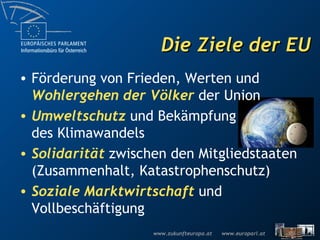Die Ziele der EU Förderung von Frieden, Werten und  Wohlergehen der Völker  der Union Umweltschutz  und Bekämpfung des Klimawandels Solidarität  zwischen den Mitgliedstaaten (Zusammenhalt, Katastrophenschutz) Soziale Marktwirtschaft  und Vollbeschäftigung 