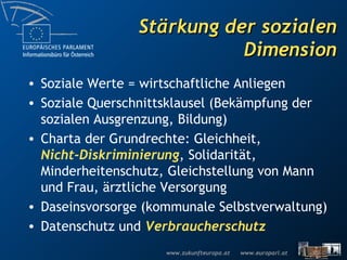 Stärkung der sozialen Dimension Soziale Werte = wirtschaftliche Anliegen Soziale Querschnittsklausel (Bekämpfung der sozialen Ausgrenzung, Bildung) Charta der Grundrechte: Gleichheit, Nicht-Diskriminierung , Solidarität, Minderheitenschutz, Gleichstellung von Mann und Frau, ärztliche Versorgung Daseinsvorsorge (kommunale Selbstverwaltung) Datenschutz und  Verbraucherschutz 