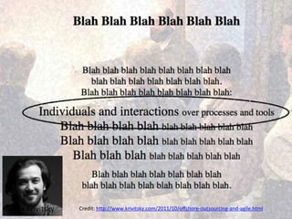 Credit:	
  h7p://www.krivitsky.com/2011/10/oﬀshore-­‐outsourcing-­‐and-­‐agile.html	
  Alex	
  Krivitsky	
  
 