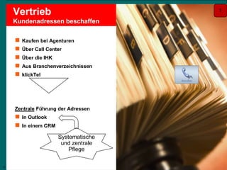 11
Lambert Schuster
Vertrauen und Erfolg an Ihrer Seite
Vertrieb
Kundenadressen beschaffen
 Kaufen bei Agenturen
 Über Call Center
 Über die IHK
 Aus Branchenverzeichnissen
 klickTel
Zentrale Führung der Adressen
 In Outlook
 In einem CRM
Systematische
und zentrale
Pflege
11
1
 