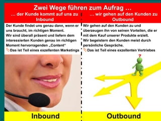 2
Lambert Schuster
Vertrauen und Erfolg an Ihrer Seite
Zwei Wege führen zum Aufrag …
… der Kunde kommt auf uns zu … wir gehen auf den Kunden zu
Inbound Outbound
Der Kunde findet uns genau dann, wenn er
uns braucht, im richtigen Moment.
Wir sind überall präsent und liefern dem
interessierten Kunden genau im richtigen
Moment hervorragenden „Content“
Das ist Teil eines exzellenten Marketings
Inbound
Wir gehen auf den Kunden zu und
überzeugen ihn von seinen Vorteilen, die er
mit dem Kauf unserer Produkte erzielt.
Wir begeistern den Kunden meist durch
persönliche Gespräche.
Das ist Teil eines exzellenten Vertriebes
Outbound2
 
