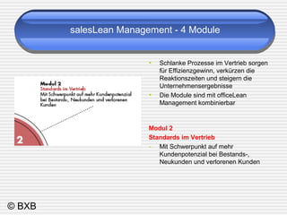 © BXB 
salesLean Management - 4 Module 
• Schlanke Prozesse im Vertrieb sorgen 
für Effizienzgewinn, verkürzen die 
Reaktionszeiten und steigern die 
Unternehmensergebnisse 
• Die Module sind mit officeLean 
Management kombinierbar 
Modul 2 
Standards im Vertrieb 
- Mit Schwerpunkt auf mehr 
Kundenpotenzial bei Bestands-, 
Neukunden und verlorenen Kunden 
 