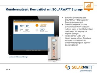 Seite 14 
Kundennutzen: Kompatibel mit SOLARWATT Storage 
Ladezustand Solarwatt Storage 
•Einfache Einbindung des SOLARWATT Storage in Ihr Energy-Management 
•Überschüssigen PV-Strom zwischenspeichern und dann nutzen, wenn er benötigt wird zur maximalen Versorgung mit eigener Energie 
•Verbleibende Lade- und Versorgungszeit des Speichers erfassen und optimal die Selbstversorgung aus eigener Energie planen  