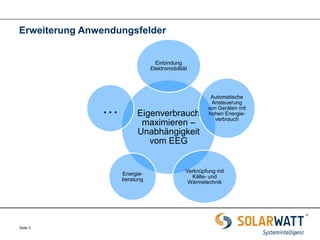 Seite 3 
Erweiterung Anwendungsfelder 
Eigenverbrauch maximieren – Unabhängigkeit vom EEG 
Einbindung Elektromobilität 
Automatische Ansteuerung von Geräten mit hohen Energie- verbrauch 
Verknüpfung mit Kälte- und Wärmetechnik 
Energie- beratung 
…  