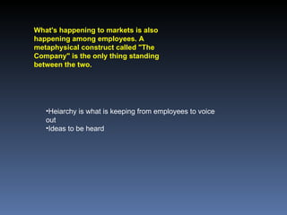 What's happening to markets is also happening among employees. A metaphysical construct called "The Company" is the only thing standing between the two. Heiarchy is what is keeping from employees to voice out Ideas to be heard 