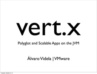 vert.x
                         Polyglot and Scalable Apps on the JVM


                              Álvaro Videla | VMware

Tuesday, October 9, 12
 