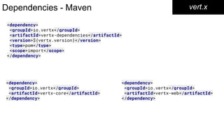 Dependencies - Maven vert.x
<dependency>
<groupId>io.vertx</groupId>
<artifactId>vertx-dependencies</artifactId>
<version>${vertx.version}</version>
<type>pom</type>
<scope>import</scope>
</dependency>
<dependency>
<groupId>io.vertx</groupId>
<artifactId>vertx-core</artifactId>
</dependency>
<dependency>
<groupId>io.vertx</groupId>
<artifactId>vertx-web</artifactId>
</dependency>
 
