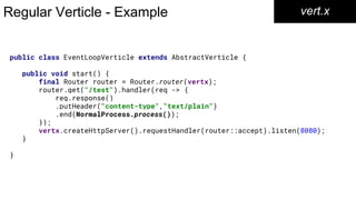 public class EventLoopVerticle extends AbstractVerticle {
public void start() {
final Router router = Router.router(vertx);
router.get("/test").handler(req -> {
req.response()
.putHeader("content-type","text/plain")
.end(NormalProcess.process());
});
vertx.createHttpServer().requestHandler(router::accept).listen(8080);
}
}
Regular Verticle - Example vert.x
 