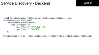 Service Discovery - Backend vert.x
final ServiceDiscoveryOptions serviceDiscoveryOptions = new
ServiceDiscoveryOptions()
.setBackendConfiguration(
new JsonObject()
.put("host", "127.0.0.1")
.put("port", "6379")
);
ServiceDiscovery sd = ServiceDiscovery.create(vertx,serviceDiscoveryOptions);
 