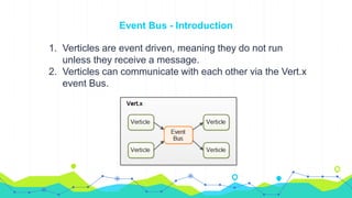 Event Bus - Introduction
1. Verticles are event driven, meaning they do not run
unless they receive a message.
2. Verticles can communicate with each other via the Vert.x
event Bus.
 