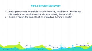 Vert.x Service Discovery
1. Vert.x provides an extensible service discovery mechanism, we can use
client-side or server-side service discovery using the same API.
2. It uses a distributed data structure shared on the Vert.x cluster.
 