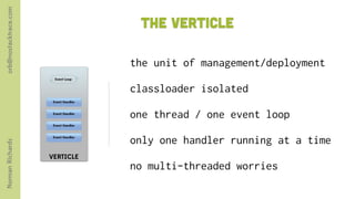 orb@nostacktrace.com

                                         the verticle

                                        the unit of management/deployment
                         Event Loop


                                        classloader isolated
                        Event Handler


                        Event Handler
                                        one thread / one event loop
                        Event Handler


                        Event Handler
                                        only one handler running at a time
Norman Richards




                       VERTICLE
                                        no multi-threaded worries
 