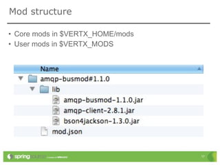 Mod structure

• Core mods in $VERTX_HOME/mods
• User mods in $VERTX_MODS




                                  17
 