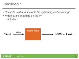 Transloadit

• “Flexible, fast and scalable file uploading and encoding”
• Video/audio encoding on the fly
  – 500mb/s




                    Transloadit
           Video
Client                                       S3/Cloudfiles/...




                                                              4
 