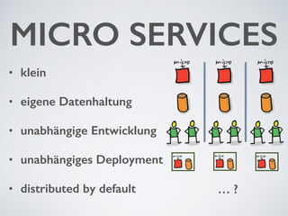 MICRO SERVICES
• klein
• eigene Datenhaltung
• unabhängige Entwicklung
• unabhängiges Deployment
• distributed by default … ?
 