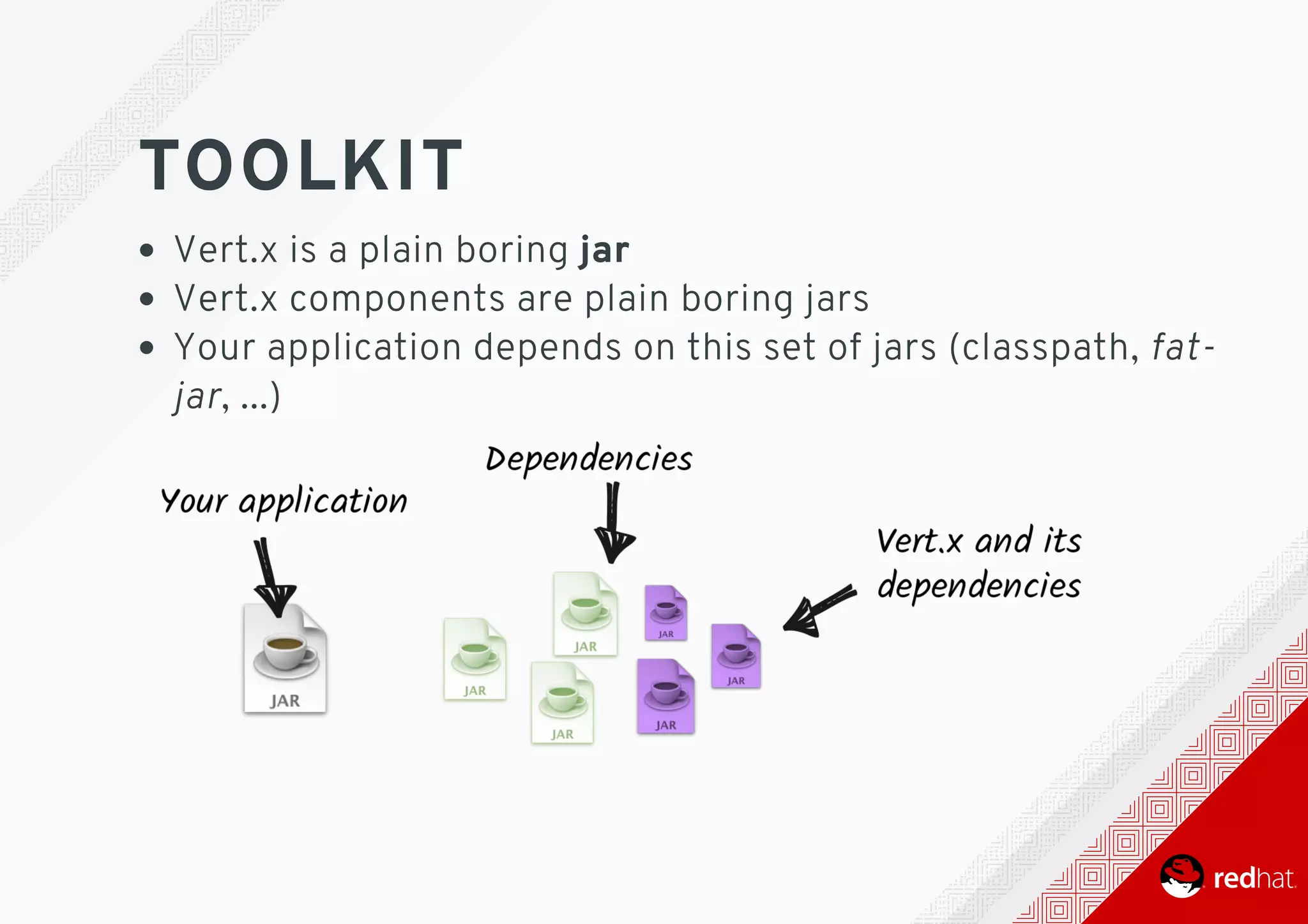 TOOLKIT
Vert.x	is	a	plain	boring	jar
Vert.x	components	are	plain	boring	jars
Your	application	depends	on	this	set	of	jars	(classpath,	fat-
jar,	...)
 